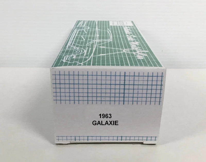 Green and white 1963 Galaxie promo model replica box with blue grid and text