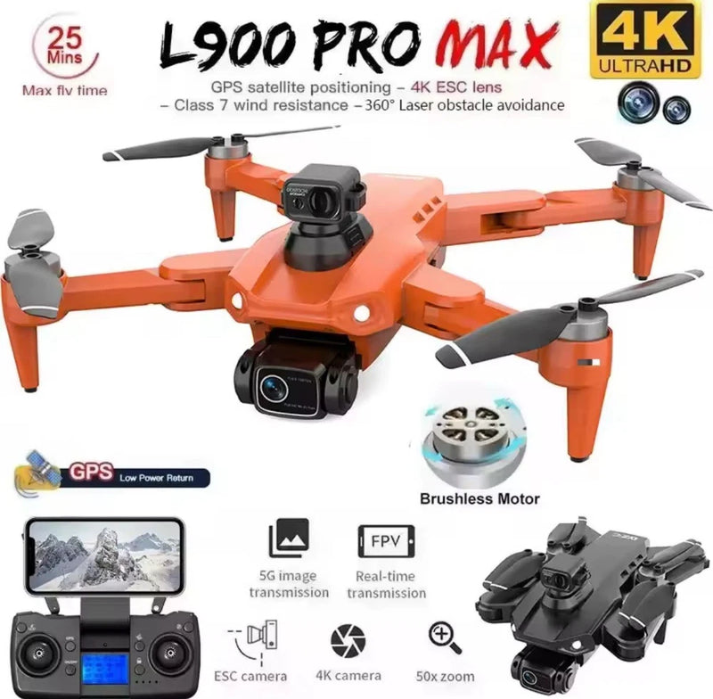 Orange quadcopter drone with dual cameras and four propellers