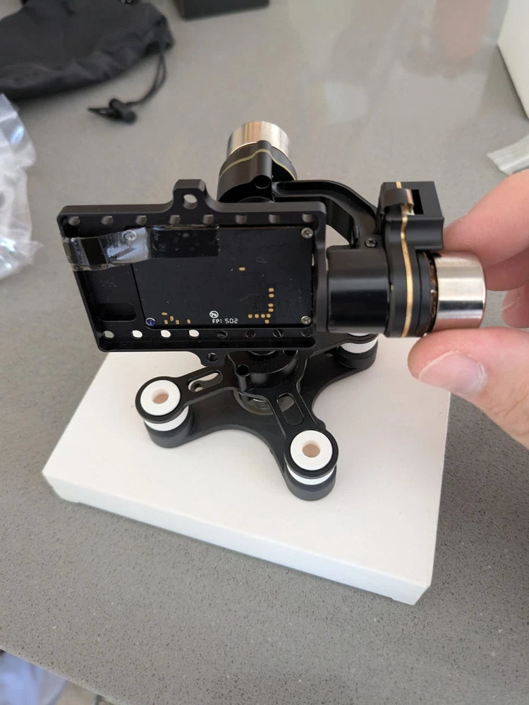 Black camera gimbal with metal motor mount and bracket, for action cameras