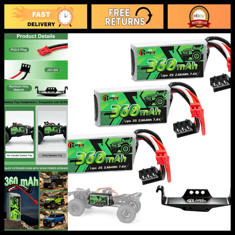 360mAh 2S 7.4V Rechargeable Lipo Battery Pack w/ Side Tray for RC Axial SCX30 - Battery