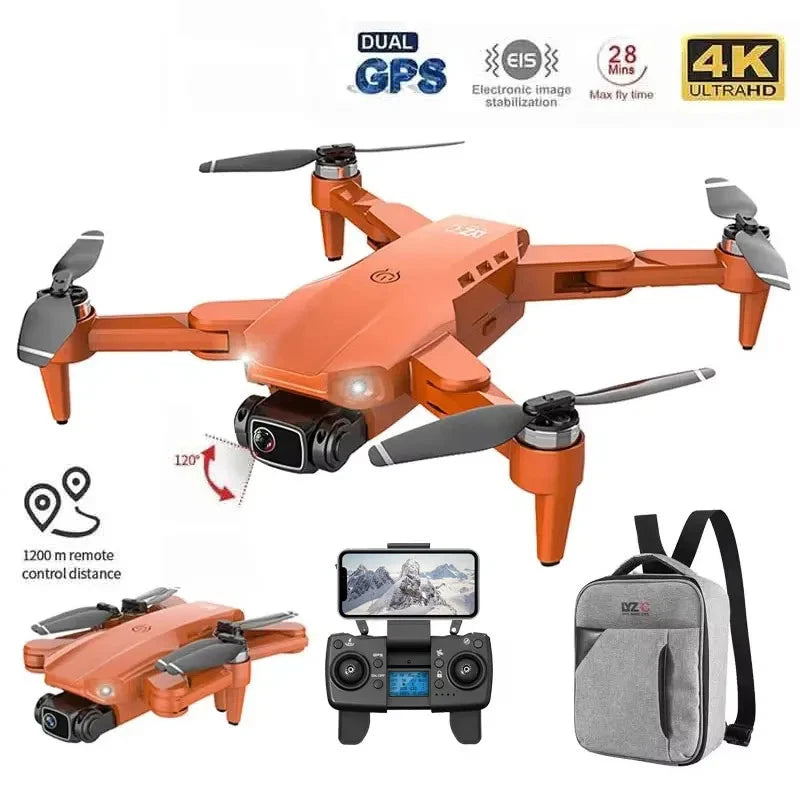 Orange RC quadcopter drone with 4K dual camera and folding prop arms