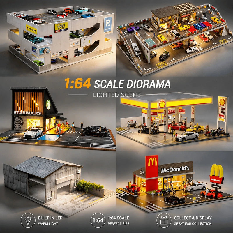 Diorama 1/64 Scale Diecast Car Garage Model LED Street Building Display Gifts US