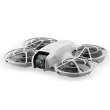 White quadcopter drone with prop guards and front camera module