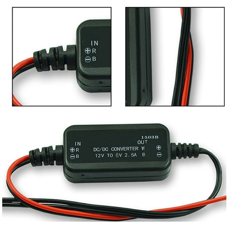12V to 6V DC voltage reducer converter with black casing and red/black wires