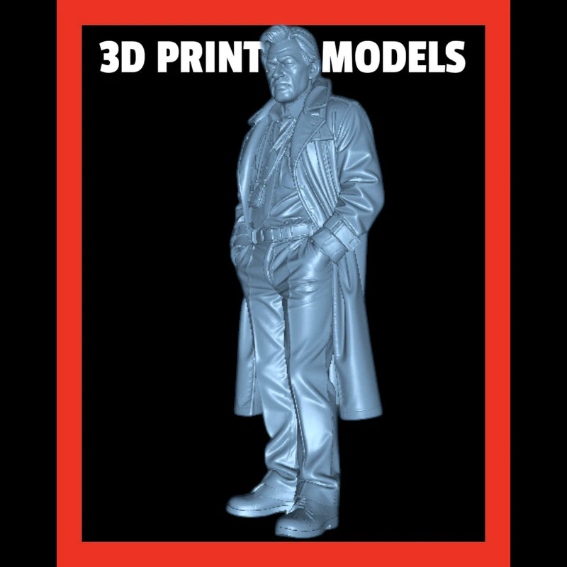 Unpainted resin detective figurine, standing in long coat and hat, arms at sides