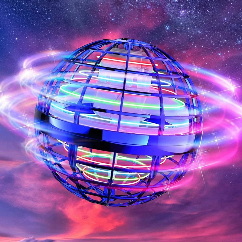 Glowing UFO-style orb spinner toy with blue metal cage and rainbow light strips