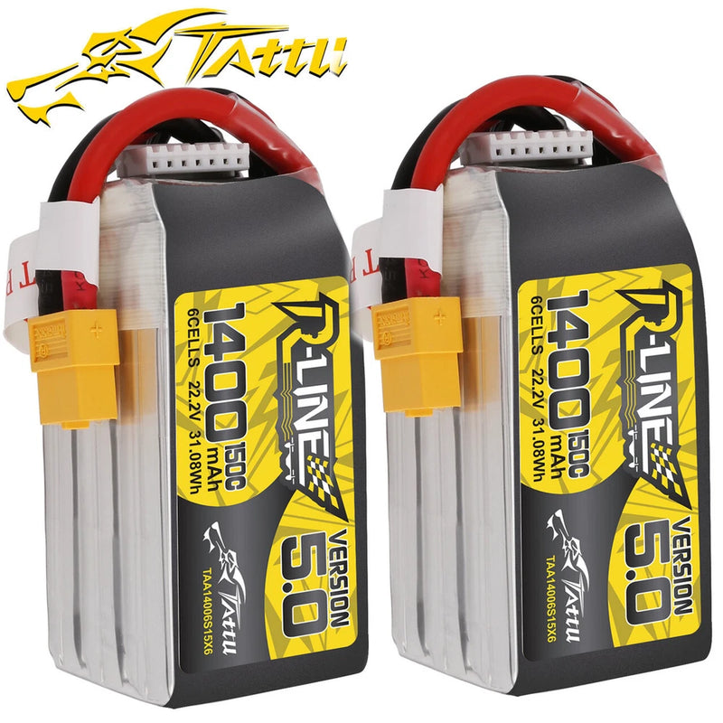2X Tattu R-Line Version 5.0 1400mAh 150C 22.2V 6S Lipo Battery XT60 Plug For FPV