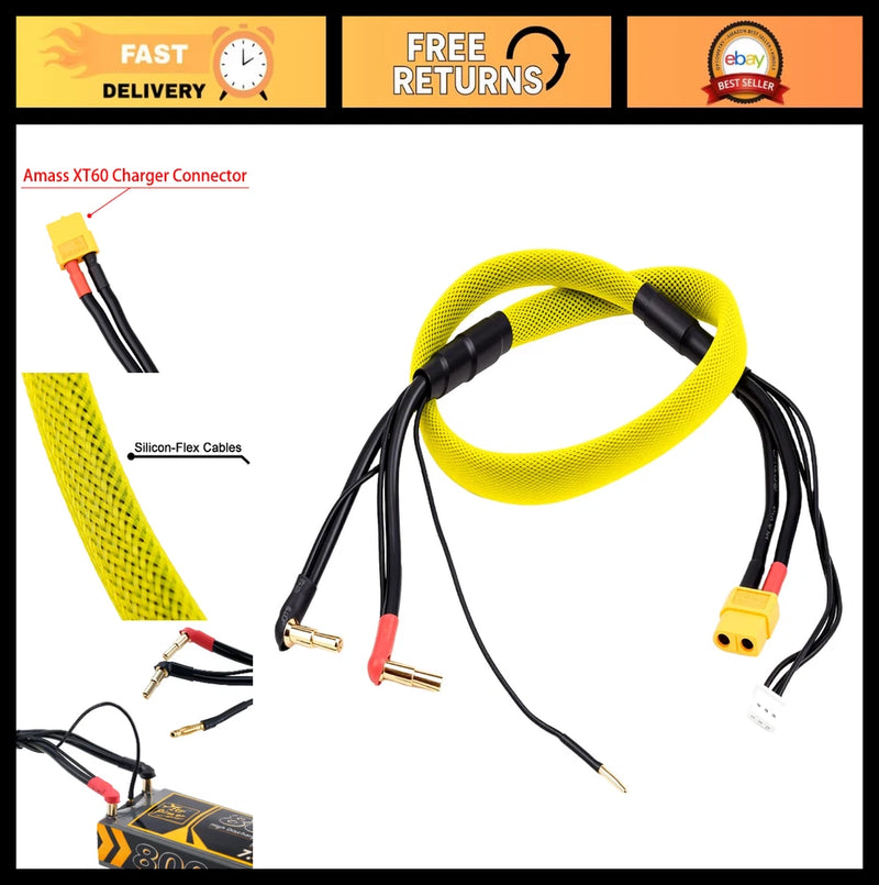 600mm 2S XT60 Lipo Battery Charging Balance Cable Leads 4mm 5mm Bullet Connector Battery