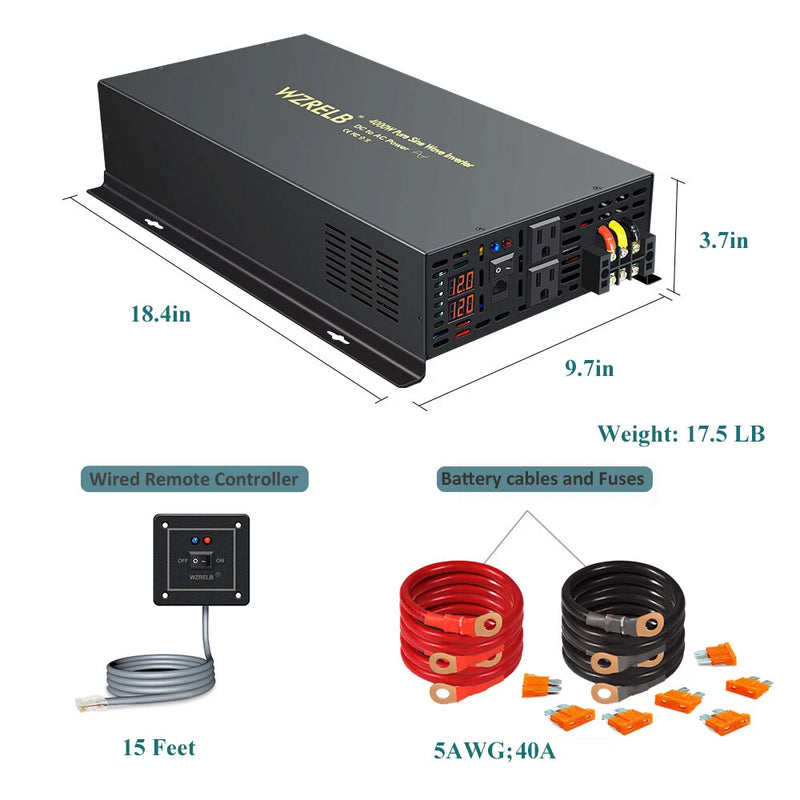 12V Pure Sine Wave Inverter 4000W 110V 120V Power Converter RV Car Remote Switch
