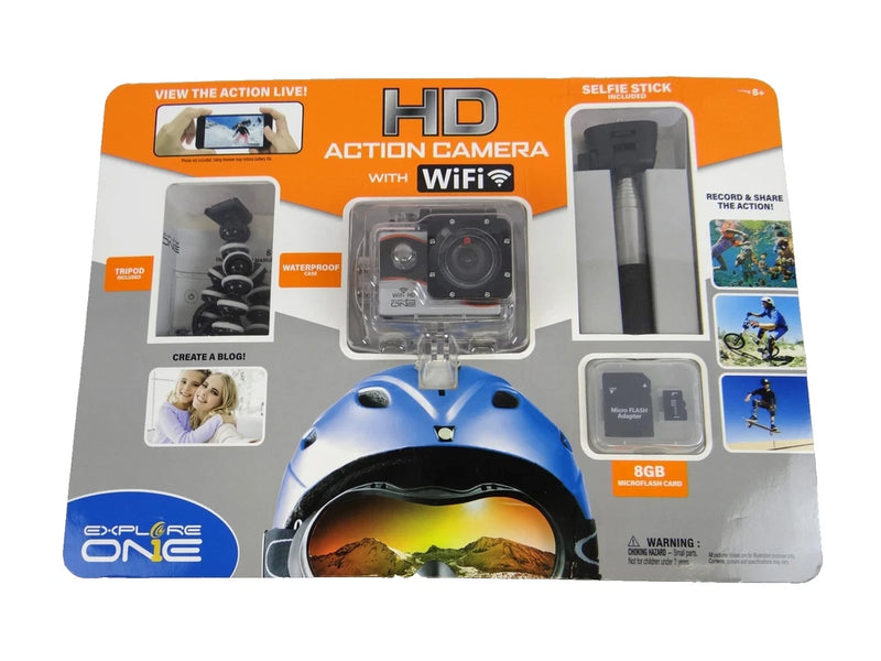 Explore One HD Action Camera Wi-Fi Waterproof Wide Angle 2" Screen 8GB Card