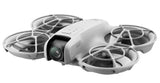 White mini drone with front camera and four propellers with protective guards