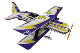 Purple and yellow 3D airplane model kit with checkered stripe and propeller