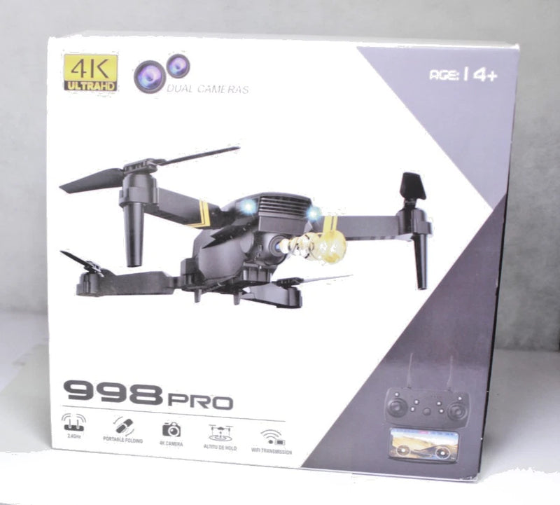 Foldable 4K drone set box with dual cameras and 998 Pro branding