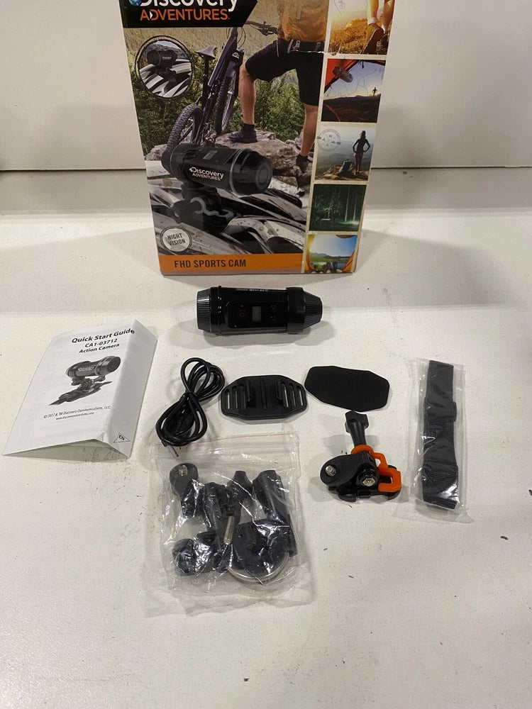Discovery Adventures FHD sport camera kit with mounts, cables, and user manual