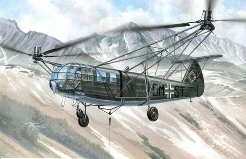 1/48 Focke Achgelis Fa 223E-0 model helicopter in olive and gray camouflage