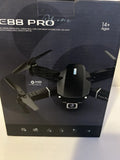 Black foldable quadcopter drone with front camera and propellers