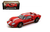 Red GT-40 race car model with white stripes, hardtop, 1/18 scale
