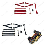 RC car aluminum linkage rod set with red and black tie rods and mounting hardware