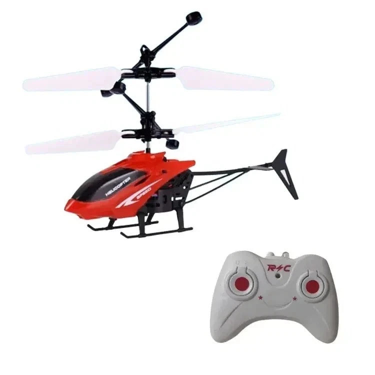 Rechargeable mini RC helicopter toy with red body and gray remote controller