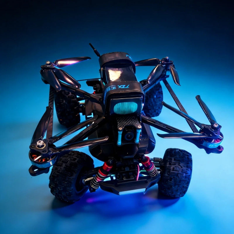 Amphibious FPV drone with four propellers and rugged tires, front camera module visible