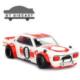 White and red die-cast race car model, front 3/4 view with number 0 on door