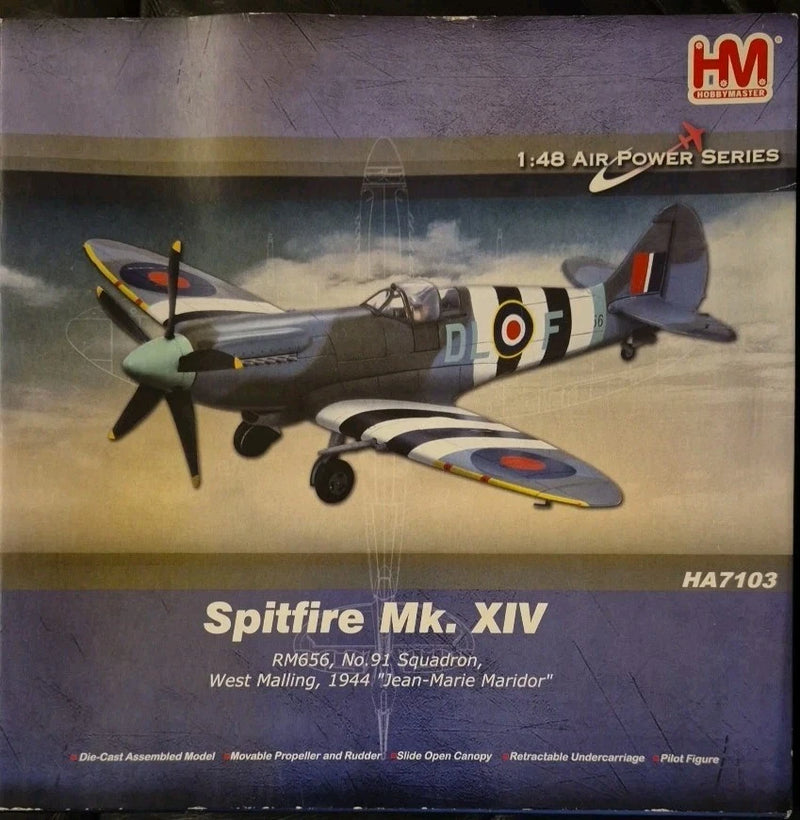 Spitfire Mk. XIV die-cast plane model in box, gray with black and yellow roundels