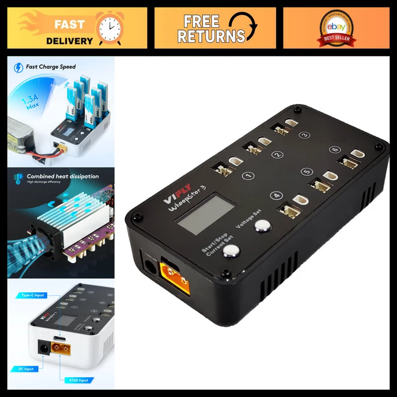 6-Port 1S LiPo Battery Storage Charger for RC Drones, Airplanes & More Battery