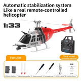 Red and white RC helicopter with skid landing gear and handheld controller