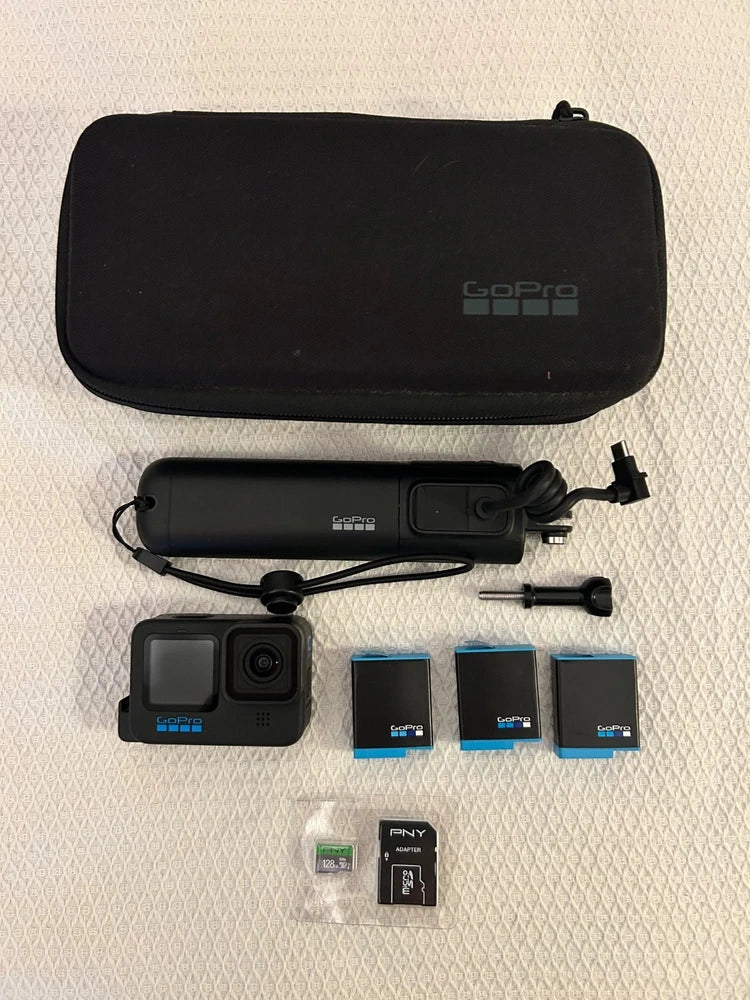 GoPro HERO10 Black action camera bundle with zip case, mounts, and memory cards