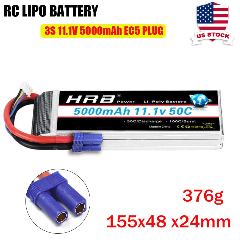 HRB 11.1V 50C 5000mAh 3S LiPo Battery EC5 for RC Car Truck Helicopter Airplane