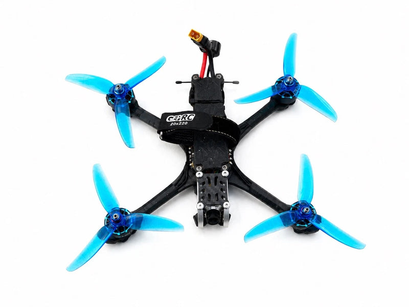 Black GEPRC FPV quadcopter drone with four blue propellers, compact frame