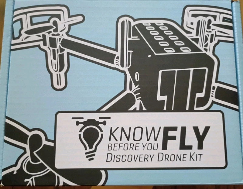 Discovery drone kit box with drone and pilots graphic, Know Before You Fly logo