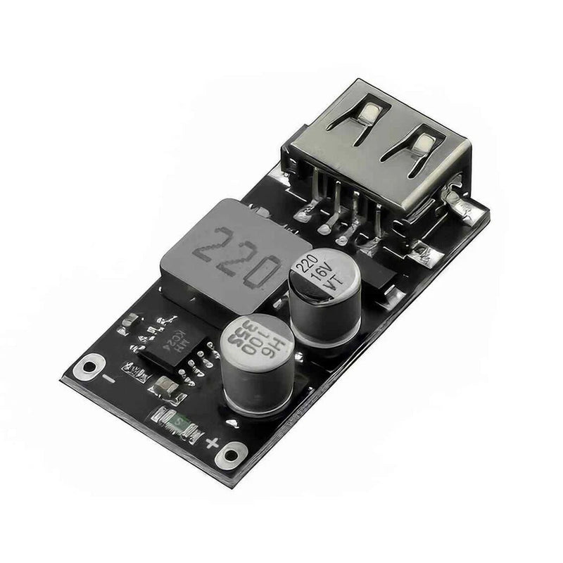 DC-DC USB quick charge buck converter module PCB with USB port and electrolytic capacitors