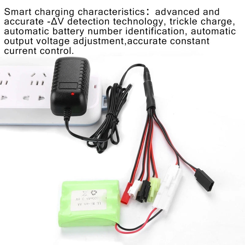 RC battery charger with power adapter and NiMH/NiCd battery pack, multi-lead cables