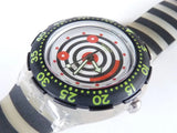 Round analog watch with colorful graphic dial, black bezel, and black strap