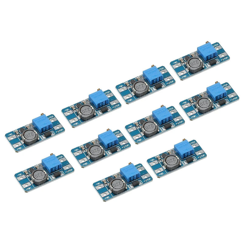 Set of DC-DC boost converter modules with blue capacitors and adjustable potentiometers