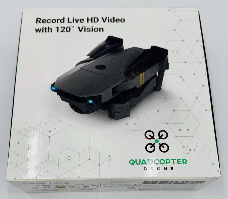 Black quadcopter drone with forward camera and blue indicator lights