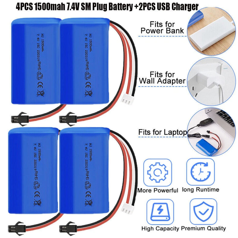 4PCS 7.4V 1500mAh Rechargeable Li-po Battery SM Plug USB Charger for RC Car Boat Battery