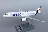 White Airbus A320 1:400 airplane model with blue tail, on gray display stand
