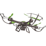 Drone quadcopter with built-in camera, dark body and green propellers