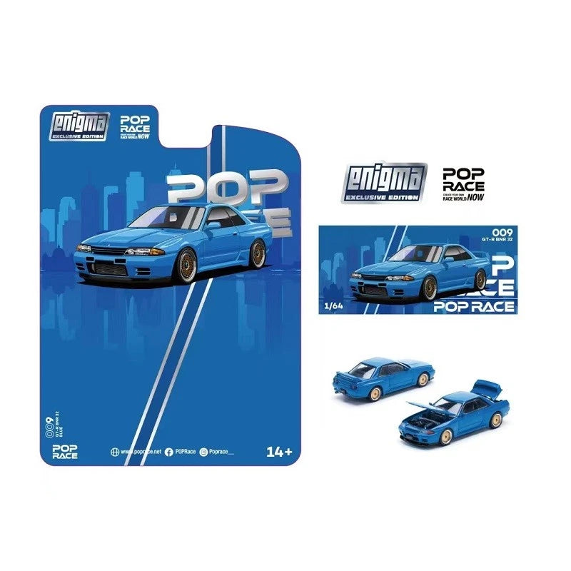 Blue 1/64 scale R32 Bayside model car in blister card, Pop Race Enigma 009