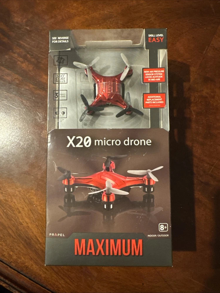 Propel micro drone retail box with red quadcopter, X20 design