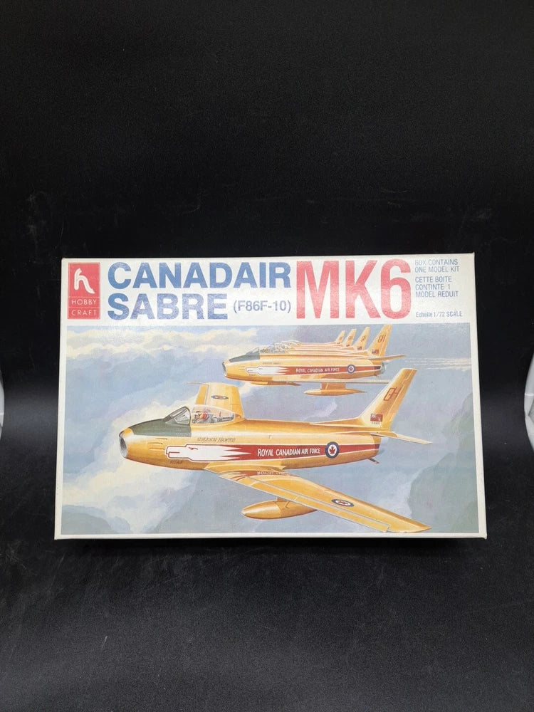 Canadair Sabre MK6 model kit box, orange and white aircraft design in 1:72 scale