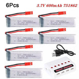 3.7V 600mAh LiPo battery set (6-pack) with red JST connectors and white smart charger