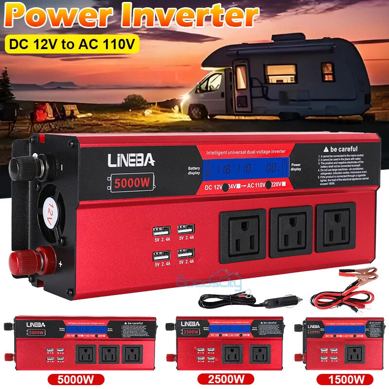 Car 5000W 2500W 1500W Power Inverter 12V to 110V Converter 4USB 3AC LCD Display