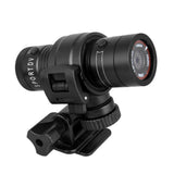Black motorcycle dash cam with wide-angle lens and handlebar mounting bracket