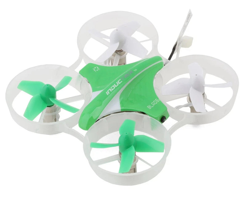 Ultra micro quadcopter drone with four white propellers and green body