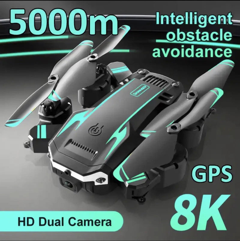 Professional 8K drone with dual camera, GPS, and teal-lit accents; four propellers.