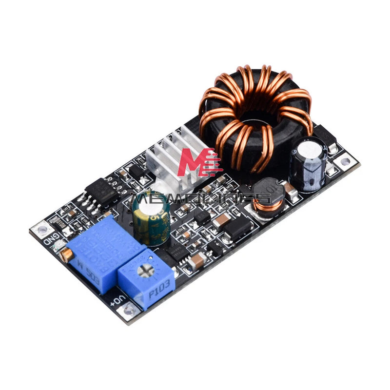 DC constant current regulator module PCB with blue terminal block, inductor coil and MOSFETs