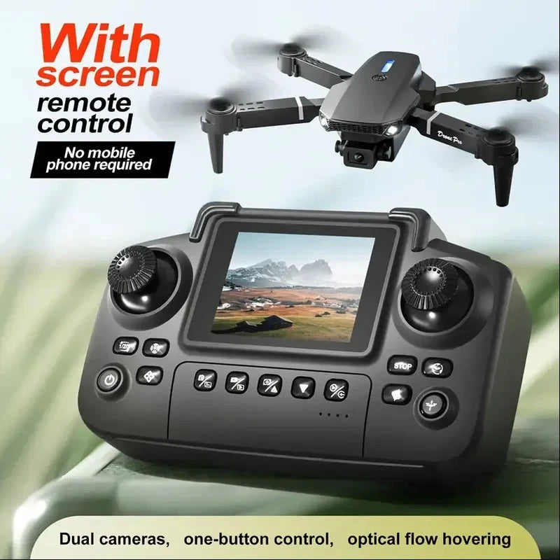 Drone remote controller with built-in screen, attached foldable quadcopter arms